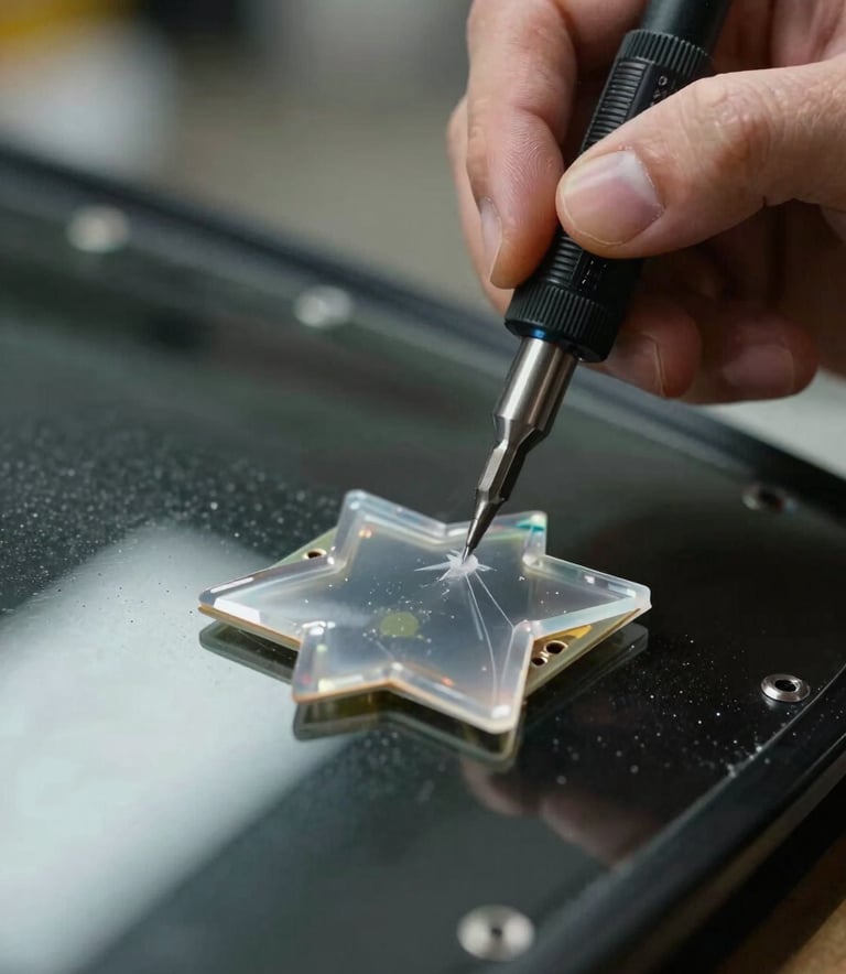 Close-up photography of a technician applying high-quality clear resin to a star-shaped chip on a windshield. Precision tools and professional focus, North American / US context.