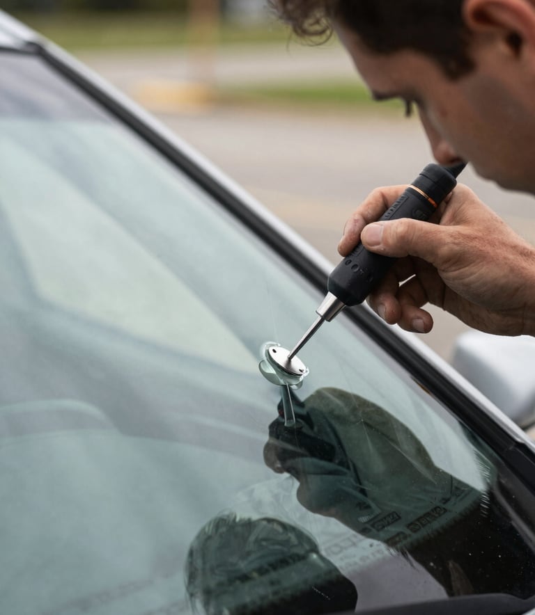 A close-up photograph of a professional technician applying clear resin to a windshield chip using specialized tools. The setting is an outdoor North American location with soft, natural lighting reflecting off the glass.
