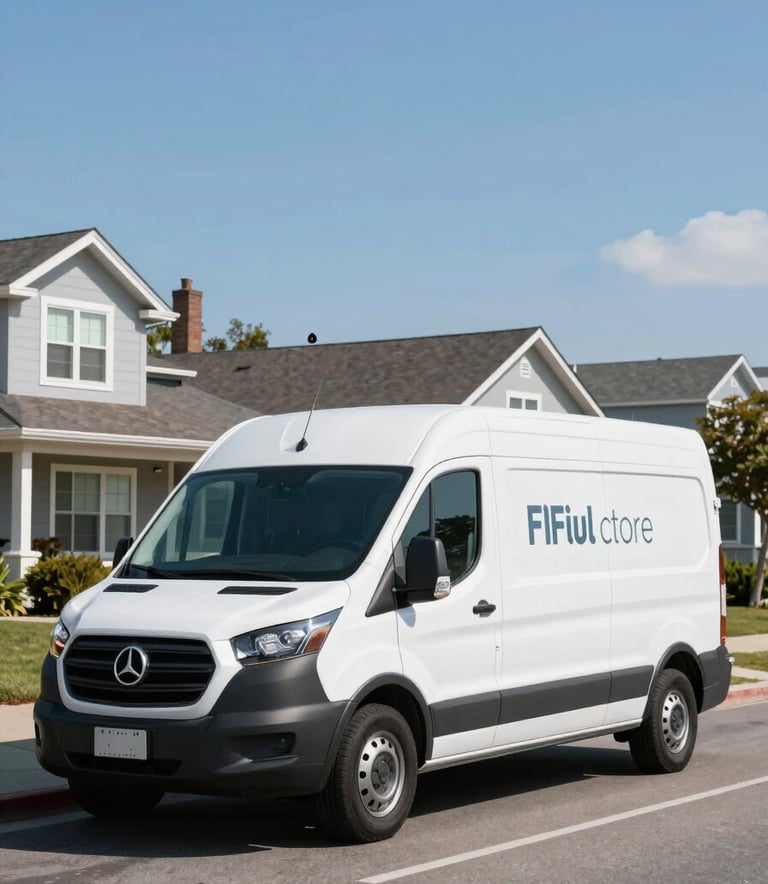 A modern and clean professional service van with subtle branding parked on a tidy North American residential street under a clear sky blue sky. The composition is bright and efficient, exuding trust.