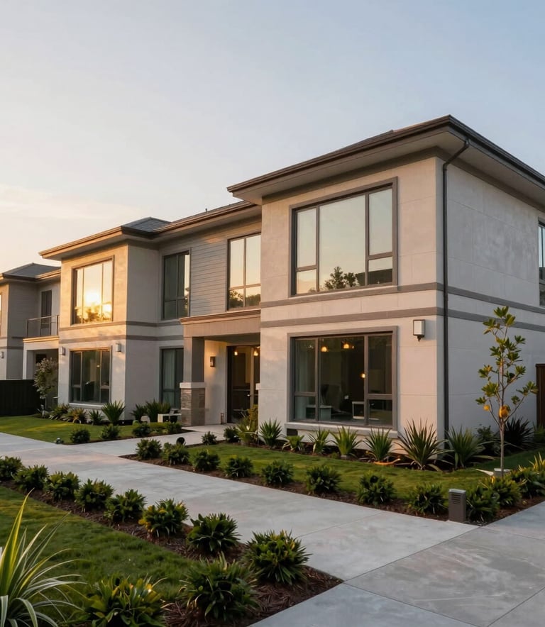 A wide-angle exterior shot of a contemporary residential complex in North America during the golden hour. The architecture features clean lines, large windows, and manicured green landscaping. The lighting is warm and welcoming, reflecting a high standard of living and professional management.