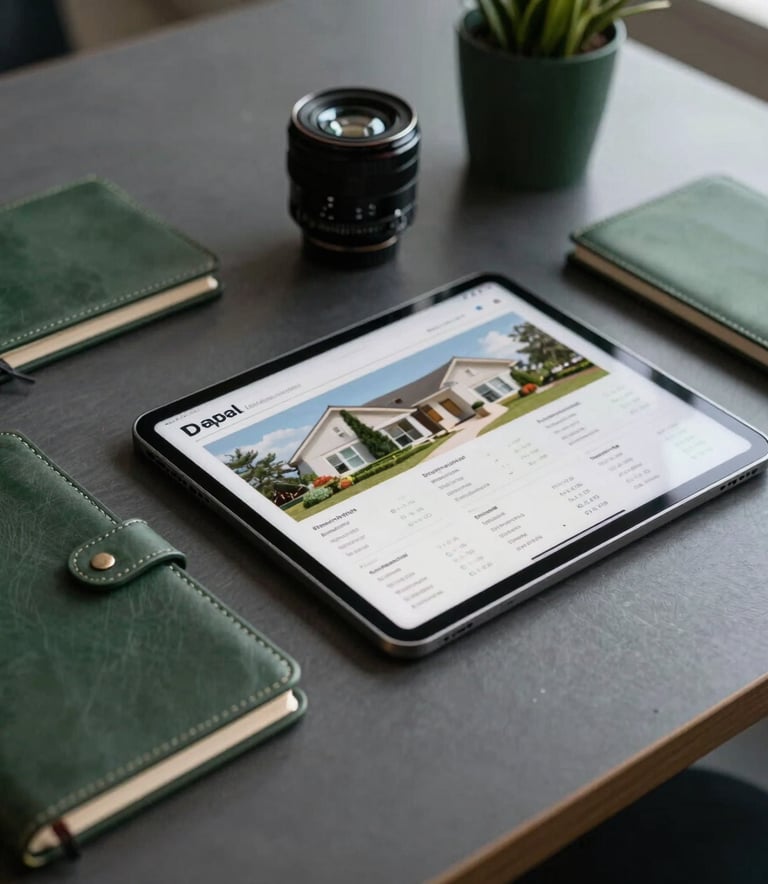 Close-up of a professional desk setup in a North American office, featuring a tablet displaying real estate analytics, a clean leather notebook, and deep charcoal and forest green desktop accessories.