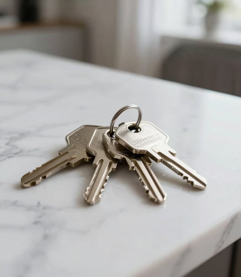 A close-up photograph of a professional set of keys resting on a clean, white marble surface in a modern North American apartment. Soft natural light highlights the metallic texture of the keys and the subtle grey veining of the stone, conveying trust and reliability. Minimalist and high-end aesthetic.