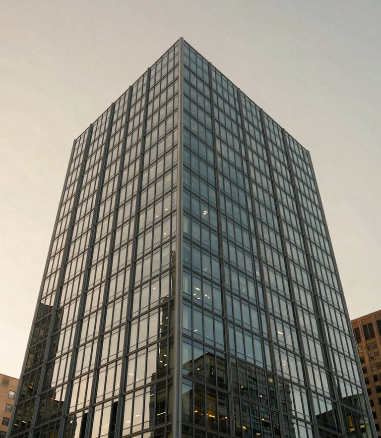 Wide-angle shot of a contemporary glass and steel office building in a US business district during golden hour, reflecting a soft beige sky.