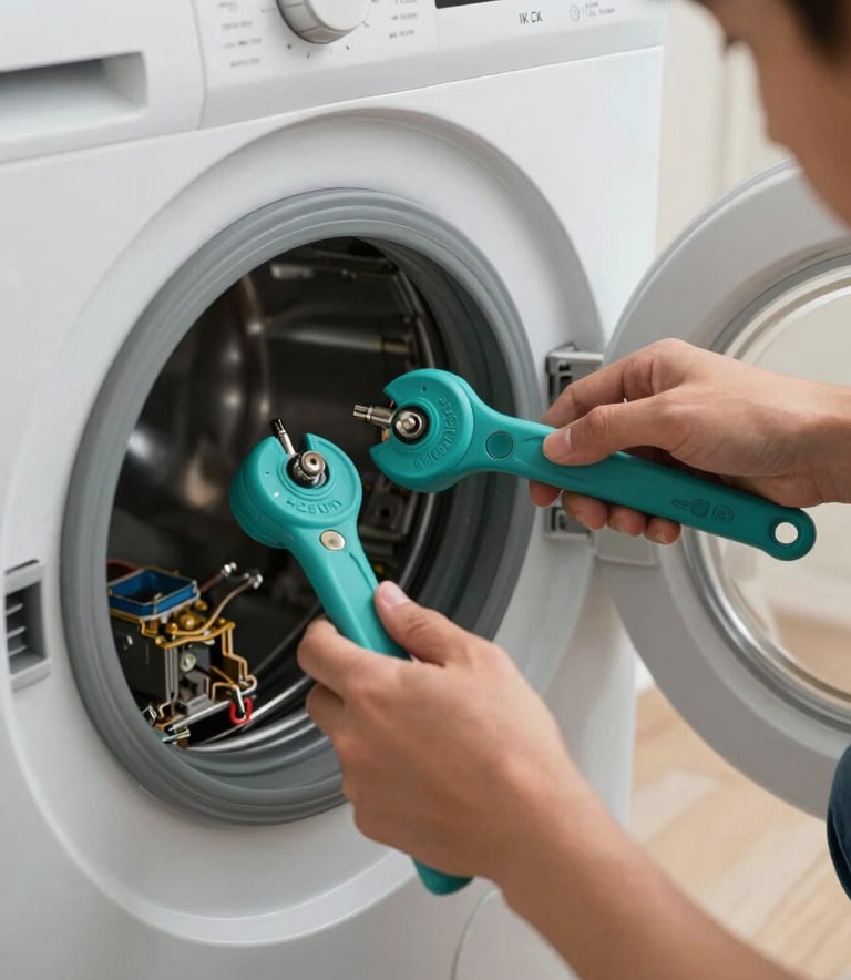 A close-up photograph of a professional technician's hands using high-quality tools to fix the electrical components of a modern washing machine in a Middle Eastern / Gulf residential setting. The lighting is focused and clean, highlighting Ocean Teal accents on the tools and Soft Mist White on the appliance casing.