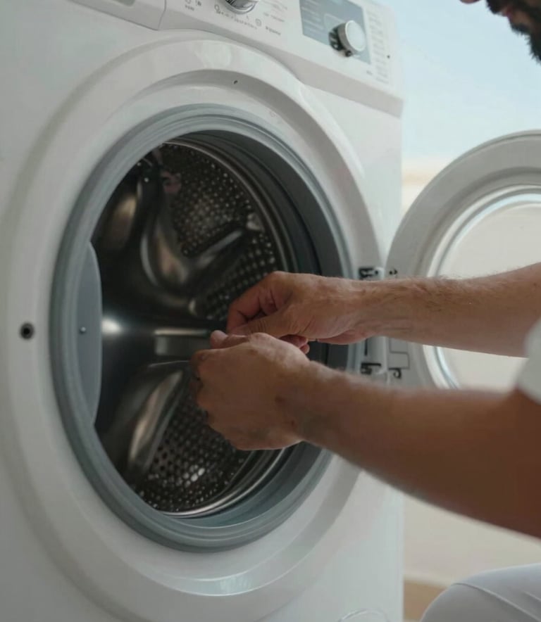 A close-up photograph of a professional technician's hands in a Middle Eastern / Gulf home, carefully adjusting the drum of a washing machine. Soft sky blue lighting and a clean, high-quality aesthetic.