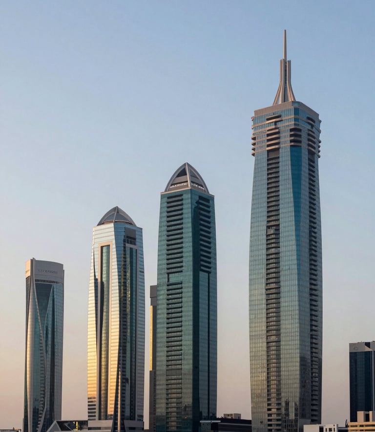 A wide-angle professional photograph of the Jumeirah Lakes Towers skyline, specifically showing Almas Tower during the golden hour. The sky is a soft sky blue and the glass buildings reflect a dark teal hue, capturing the local Middle Eastern / Gulf city environment.