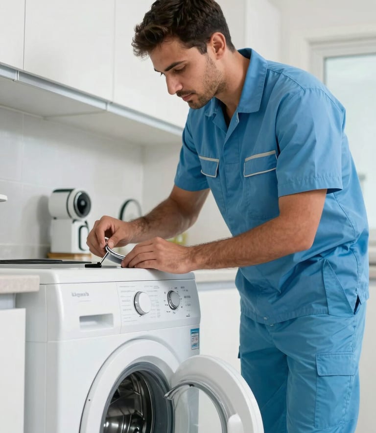 A professional repair technician in a clean uniform standing in a bright, modern Middle Eastern / Gulf apartment kitchen in JLT, Dubai. The technician is inspecting a washing machine with a reliable and focused expression. The color palette features Sky Blue and Ocean Teal.