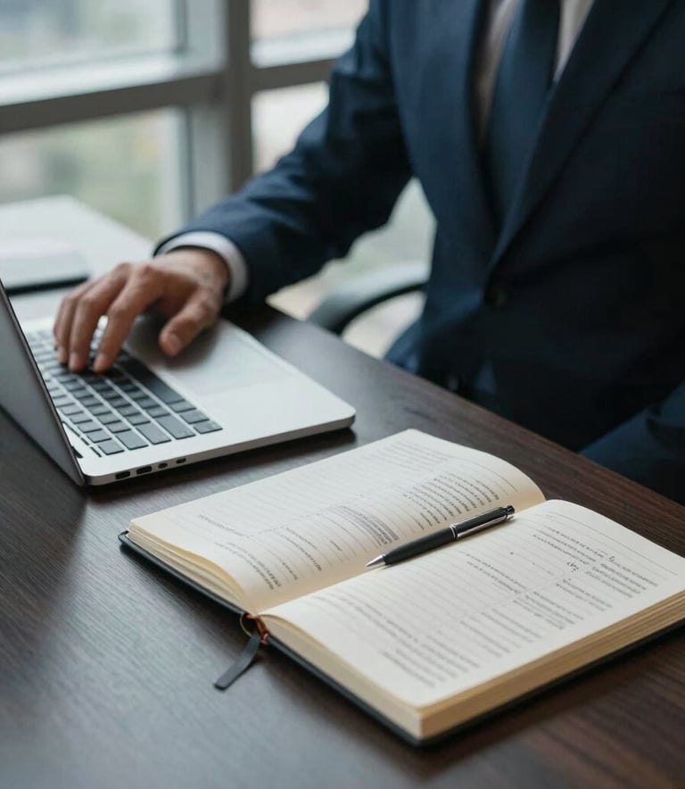 Photography of a modern business desk in a South American corporate setting, showing a hand using a laptop and a neatly organized notebook with financial notes, professional environment, natural lighting from a nearby window, palette of dark navy and soft blue.