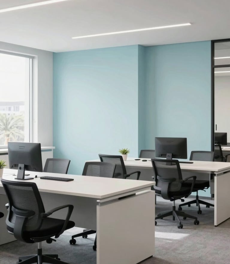 A modern and bright South American corporate office space with minimalist furniture and pale mist blue decorative elements, showing a clean professional atmosphere.