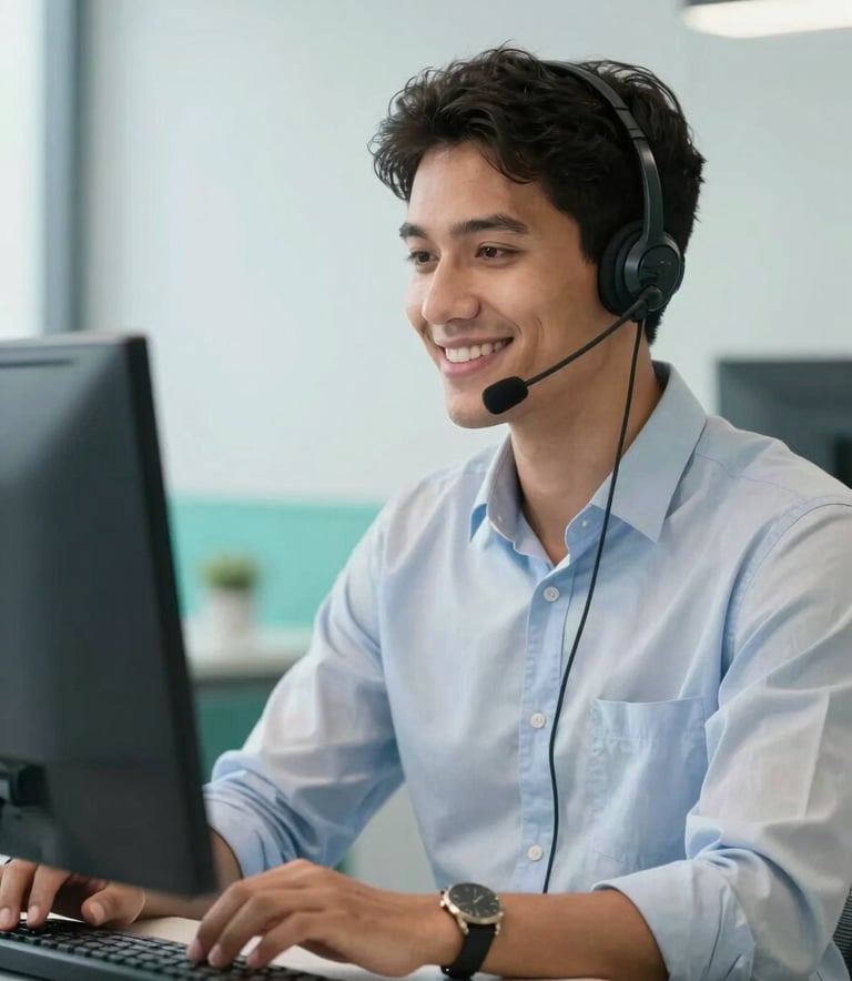 Photography of a professional South American customer service agent in a bright, modern office in Brazil, wearing a headset and smiling while looking at a monitor, clean and minimalist background with soft teal accents, professional attire.