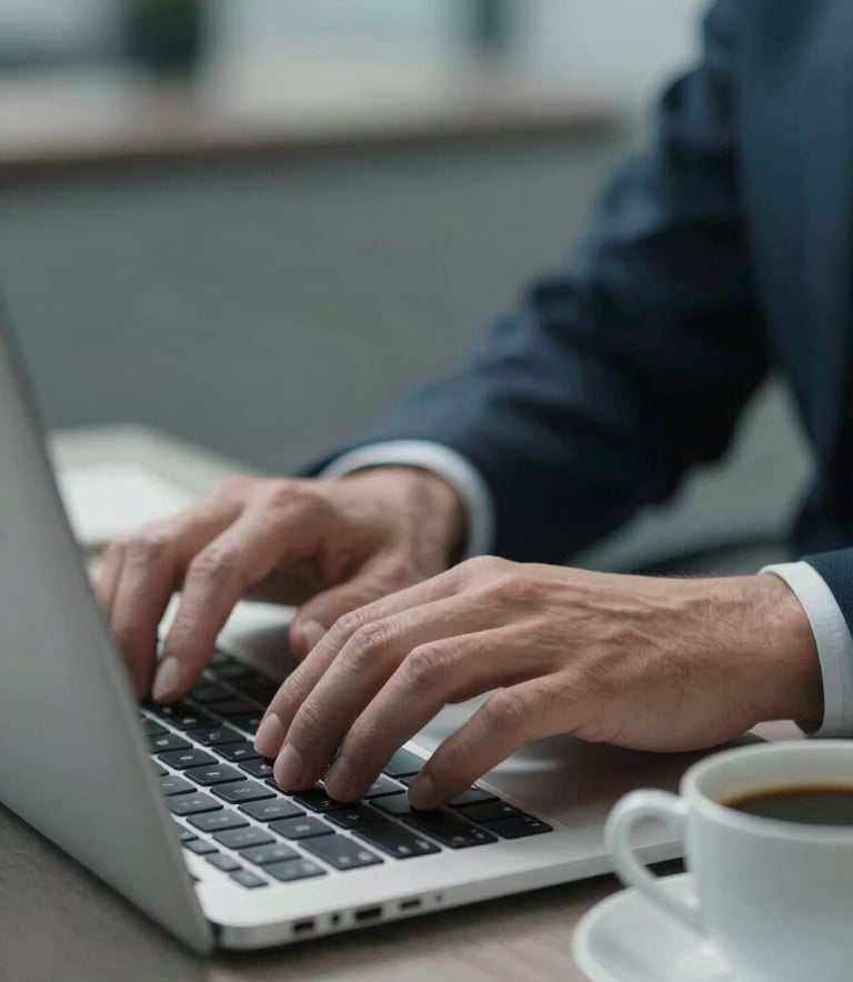 Close-up of professional hands typing on a laptop next to a cup of Brazilian coffee, with blurred soft greyish teal and muted navy blue office tones in the background.