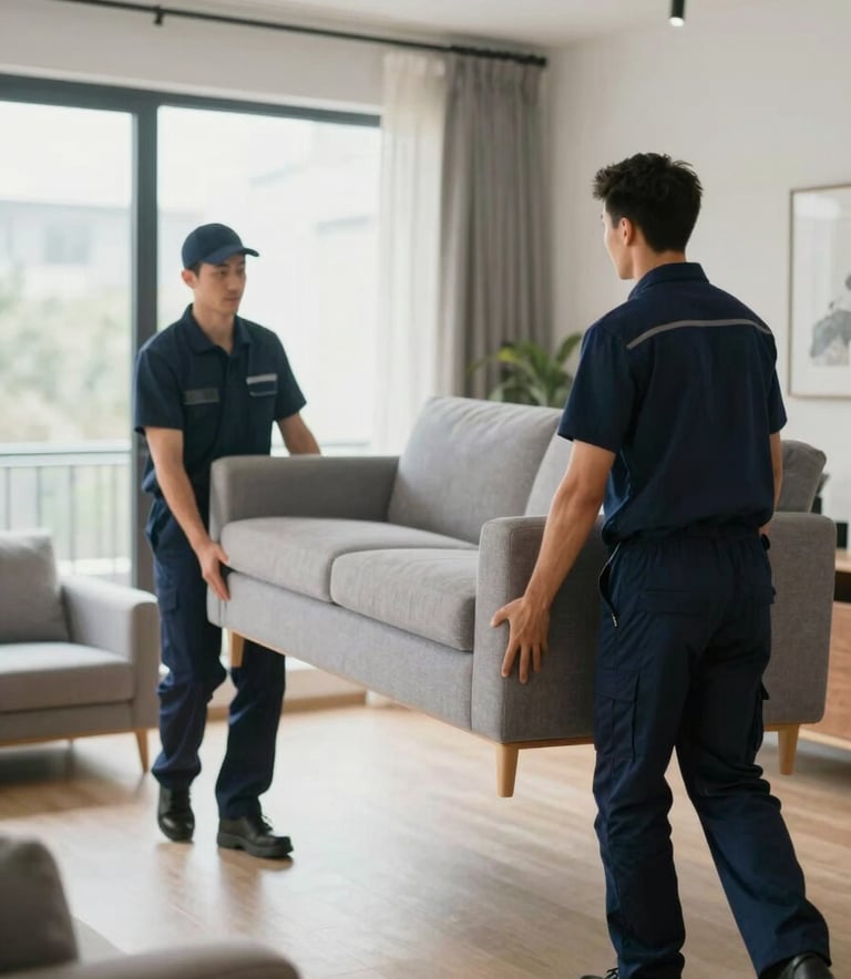 Two professional movers wearing navy uniforms (#0F1A2A) carefully lifting a modern sofa in a well-lit, premium apartment. The atmosphere is calm and professional, with colors #4A6D8C and #F7F4EF visible in the decor.
