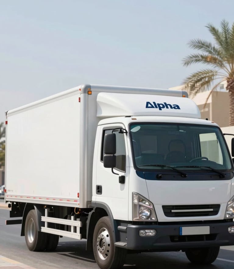 A clean, modern Alpha Furniture Moving truck parked on a sun-drenched street in Al Ain. The truck is professional and white with subtle navy blue #0F1A2A accents. The scene conveys a sense of calm reliability and professional scale.