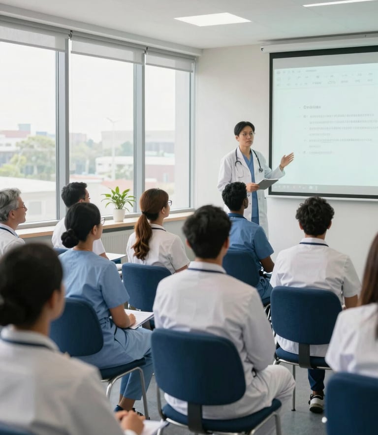 A diverse group of healthcare professionals in a bright, modern seminar room with large windows. The lighting is natural and clear. The interior features soft pearl walls and deep indigo chairs. The subjects are focused on a digital presentation, creating an atmosphere of professional development and academic rigor.