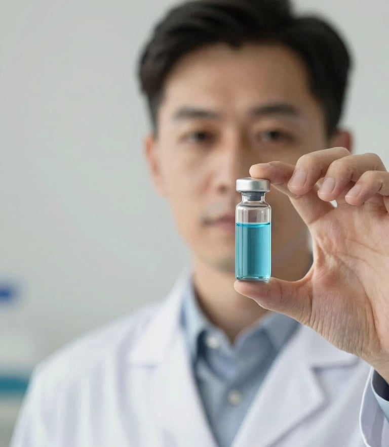 A close-up photograph of a professional health specialist in a white lab coat holding a glass vial with sky blue liquid against a soft pearl background. The lighting is crisp and sterile, projecting authority.