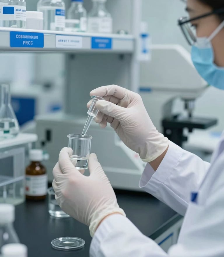 A close-up photograph of a pharmaceutical researcher working in a sterile laboratory. They are wearing a white lab coat and gloves, handling glass equipment. The color palette includes sky blue accents from laboratory labels and charcoal tones from modern equipment, set against a bright, clean background.