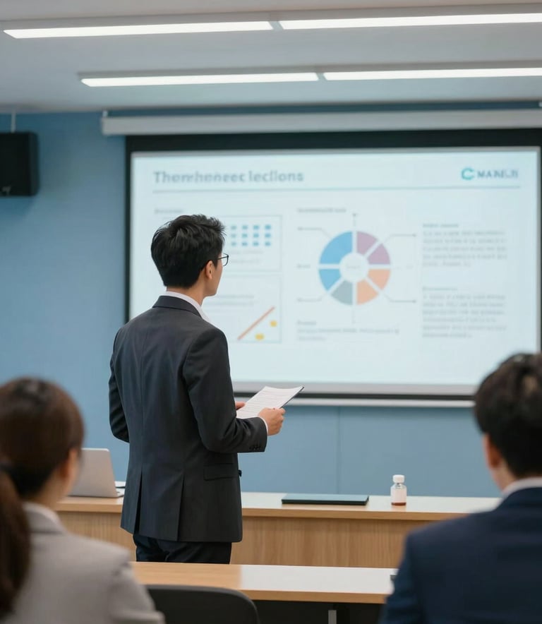 A professional lecture hall where an instructor in a dark charcoal suit is presenting pharmaceutical research on a screen. The room is modern with sky blue and soft pearl tones.