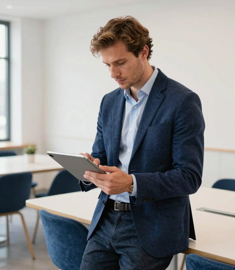 A professional Western European man in a smart-casual navy blue blazer, looking focused while working on a tablet in a bright, modern Dutch co-working space. The environment is clean with steel blue and off-white furniture, reflecting an efficient workspace.