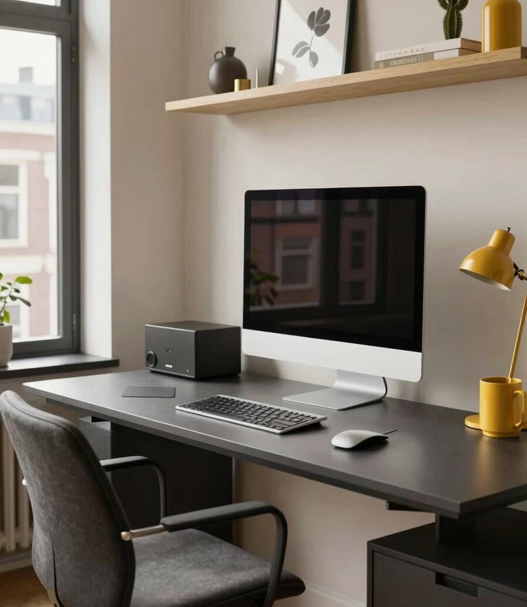A sleek modern workstation in a Western European / Dutch city apartment, emphasizing clarity, productivity, and golden yellow accents in the decor.