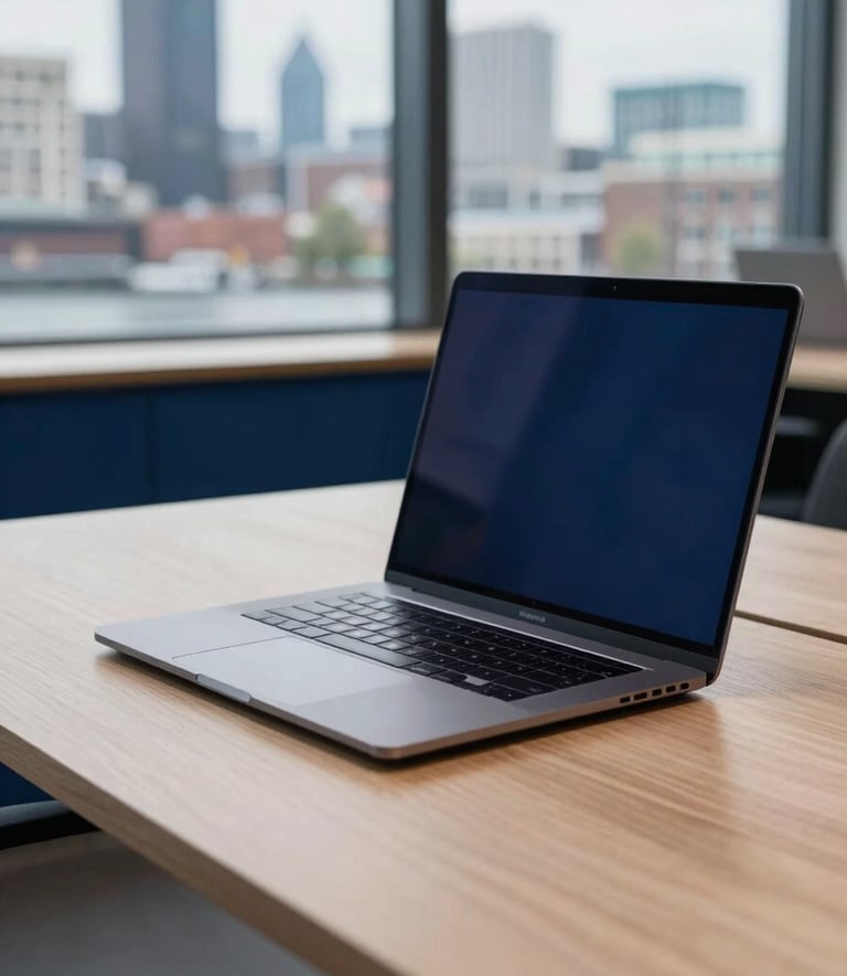 A close-up photograph of a sleek, modern workstation in a Western European office. A high-end laptop sits on a minimalist desk made of light wood. The background shows a blurred view of a Dutch city skyline through large windows. The lighting is bright and natural, with accents of deep dark blue and steel blue in the decor.