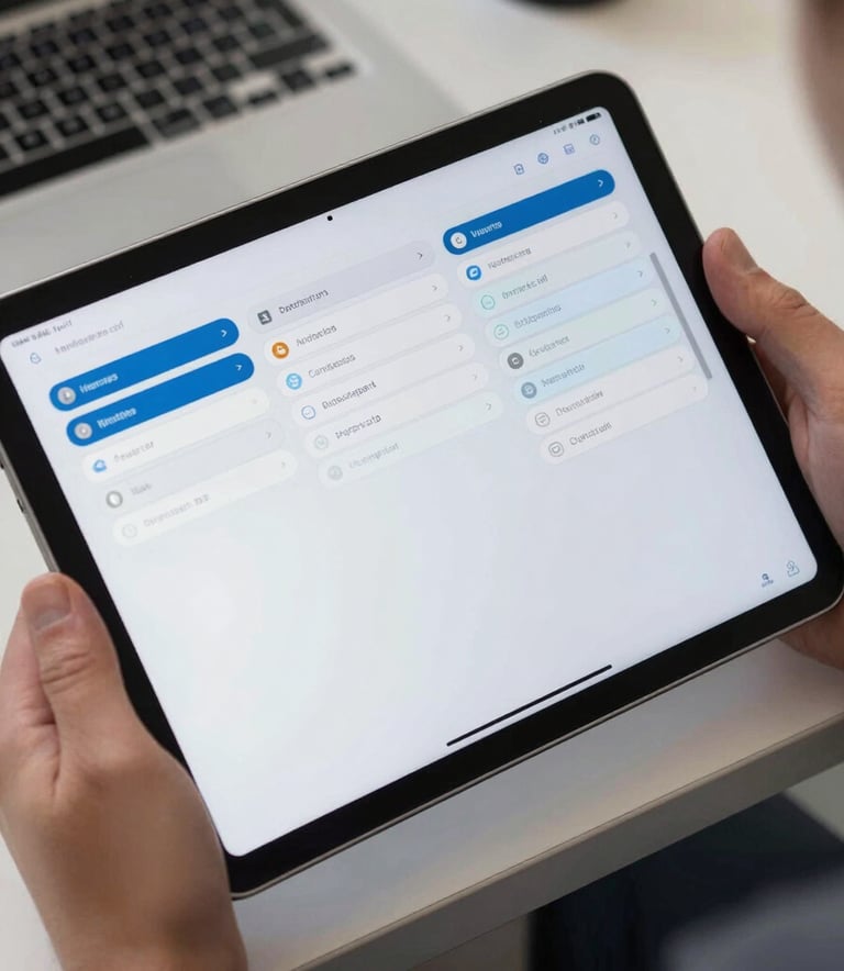 A close-up of a professional tablet screen showing a clean organization app interface, held by a person in a Western European / Dutch modern office, steel blue and white color palette.