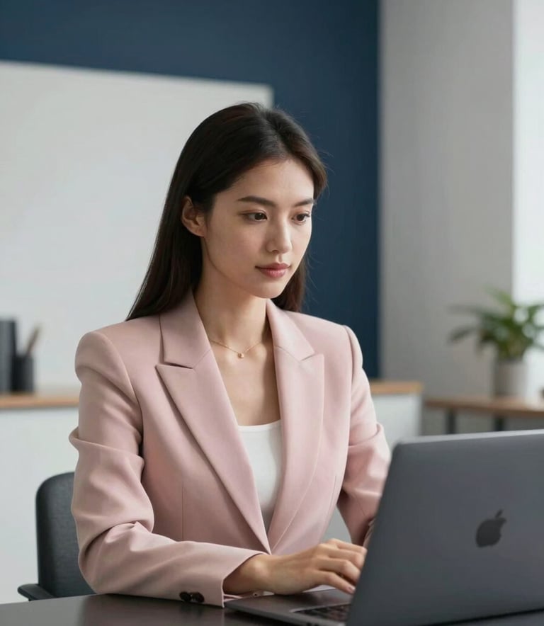 A professional woman wearing a Soft Frost colored blazer sitting in a minimalist office, looking at a laptop screen with a focused and confident expression. The background features clean lines and Midnight Navy accents, radiating professional expertise.