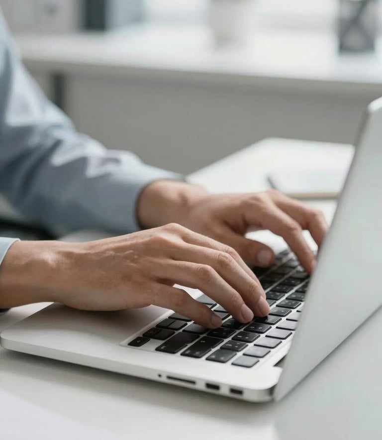 A close-up of professional hands typing on a laptop in a bright, modern office. A Pale Steel Blue notebook sits neatly on the side of a clean white desk. The lighting is bright and natural, reflecting a sophisticated and efficient work environment.
