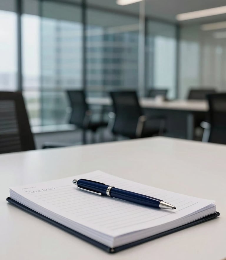 A sophisticated, blurred background of a glass-walled meeting room in a high-rise building. In the sharp foreground, a clean white desk holds a notebook and a Deep Navy Blue pen, representing organization and professional financial planning.