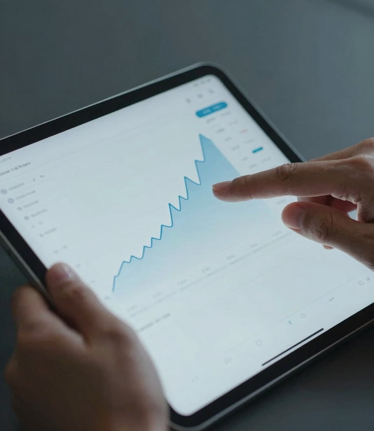 A close-up of professional hands working on a sleek digital tablet displaying a clean financial interface with soft lighting. The scene is dominated by Light Mist Blue and Slate Blue tones, reflecting technology and strategic growth.
