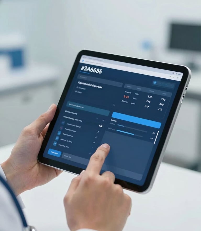 A close-up, high-detail shot of a healthcare professional's hands holding a modern digital tablet displaying medical data. The setting is a bright, clinical environment with soft bokeh background. Incorporates tones of #3A6B8B and #89B1C5. Lighting is clean and professional.