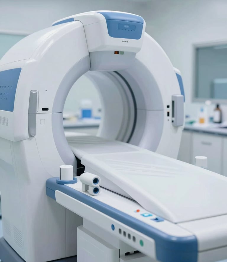 Close-up of a high-tech medical scanner in a clean, clinical setting. The lighting is crisp and modern, featuring corporate blue highlights (#3A6B8B) and white surfaces. Cutting-edge healthcare aesthetic.