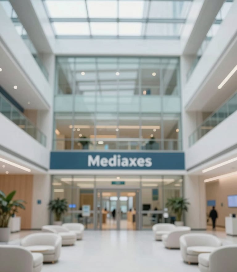 An architectural wide shot of a modern hospital entrance lobby at Mediaxes. Features high glass ceilings, minimalist white furniture, and a calming atmosphere. Soft daylight floods the space. Brand colors #1A2C38 and #F4F8FA are subtly integrated into the interior design.