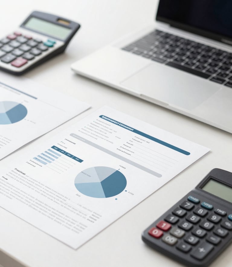 A clean, modern workspace with a laptop, calculator, and neatly organized financial documents. The aesthetic is professional and efficient, utilizing a crisp light background with accents of #7B9DAA and #0A1C29 in the accessories.