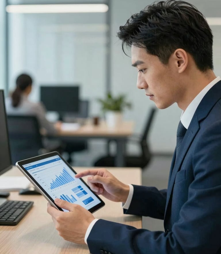 A focused professional consultant in a modern office setting, looking at a digital tablet displaying financial analytics. The atmosphere is sophisticated and trustworthy, with a color palette featuring #0A1C29 and #2E5C6E in the office decor and professional attire.