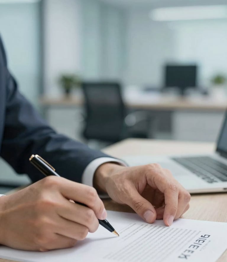 A professional setting showing a close-up of hands signing a financial document, with a soft blur of a modern office in the background, featuring #EAF2F4 and #7B9DAA lighting.