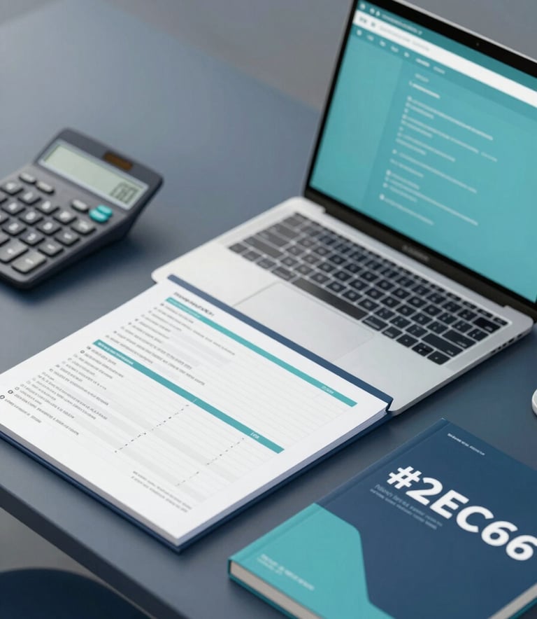 A high-angle shot of a modern, clean desk with a high-end laptop, a sleek calculator, and professional accounting ledgers, incorporating the #2E5C6E teal and #0A1C29 dark blue tones for a sophisticated vibe.