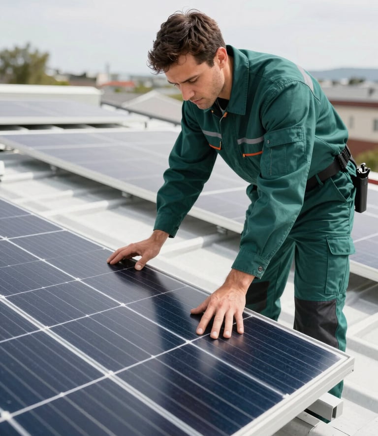 A professional installer wearing a dark forest teal uniform, carefully inspecting a solar panel on a bright roof, sharp focus, professional lighting.