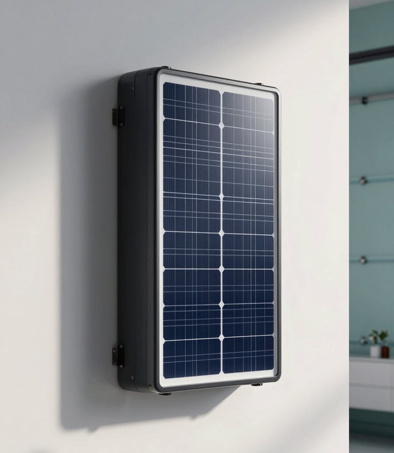 A sleek, modern wall-mounted solar battery system in a clean, minimalist garage with soft cloud white walls and muted teal accents.