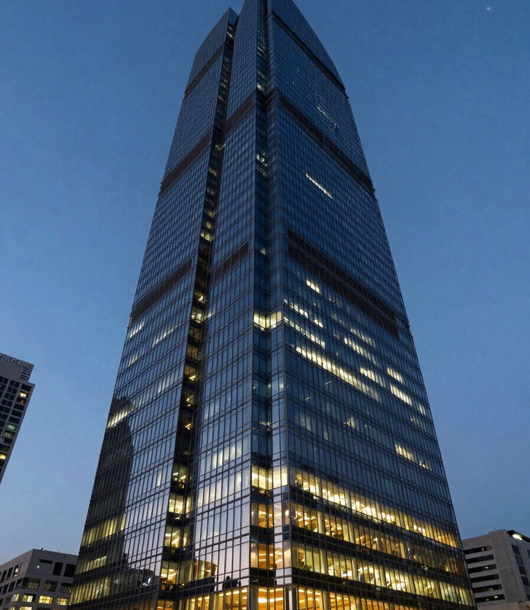 Wide angle photography of a modern glass skyscraper in a South Asian financial district at dusk, warm interior lights reflecting against a deep blue sky, authoritative and corporate atmosphere.