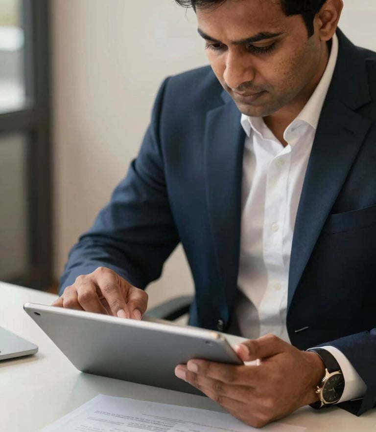 Detailed photography of a South Asian professional reviewing financial documents on a sleek tablet, warm lighting, interior office setting with deep navy and off-white textures.