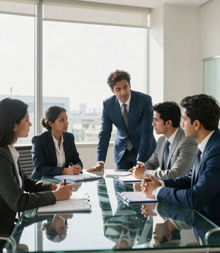 A group of professional consultants in a bright, modern South Asian corporate office, dressed in formal attire, discussing business strategy around a large glass table. Natural sunlight streams in, highlighting a clean and authoritative atmosphere with tones of steel blue and off white.