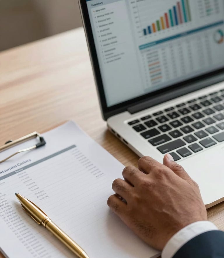 A close-up photograph of a professional hand in a South Asian business setting, using a high-end laptop showing financial analytics. Beside the laptop is a neatly organized folder and a gold-colored pen, emphasizing sophistication, accuracy, and modern technology.