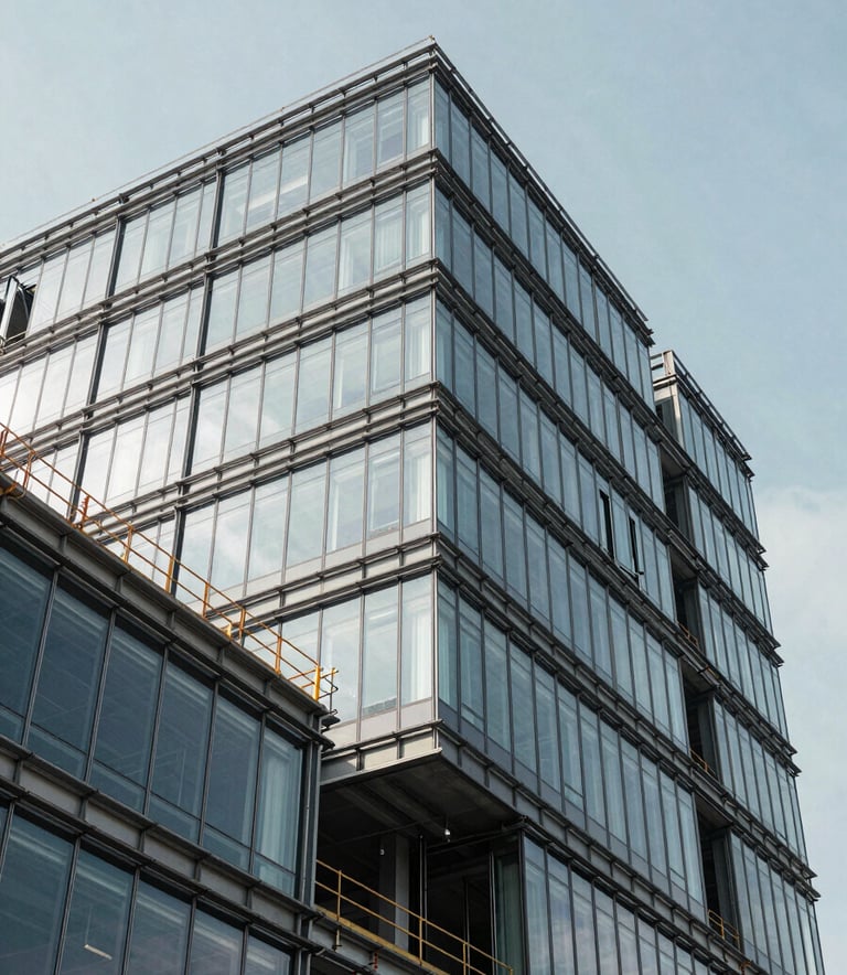 A high-angle professional photograph of a modern glass office building under construction. The structure shows steel beams and glass panels in soft alabaster and deep slate colors under a clear sky, emphasizing reliability and scale.