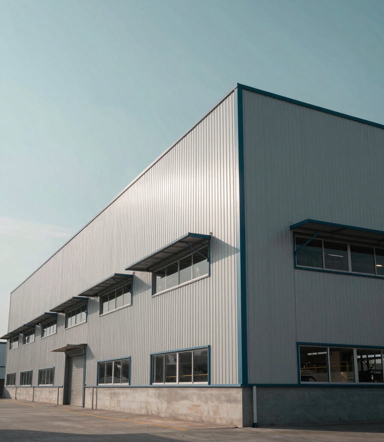A low-angle shot of a newly constructed modern industrial warehouse with sharp lines, against a Soft Mist Blue sky, emphasizing reliability and scale.