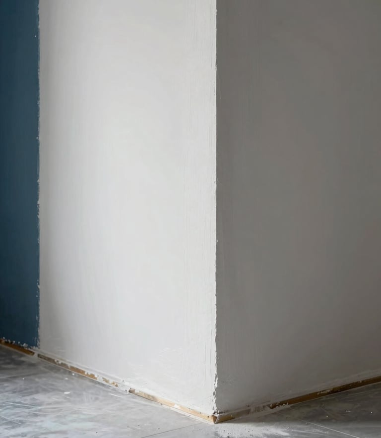 A close-up photograph of high-end interior renovation work, showing a perfectly plastered corner meeting a sleek floor, with Muted Steel Blue accents in the lighting and Crisp Arctic White walls.