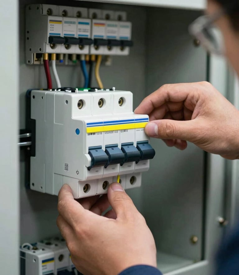 Dynamic close-up shot of a technician adjusting a modern circuit breaker in a North American / US residential electrical panel, sharp focus with neon yellow accents.