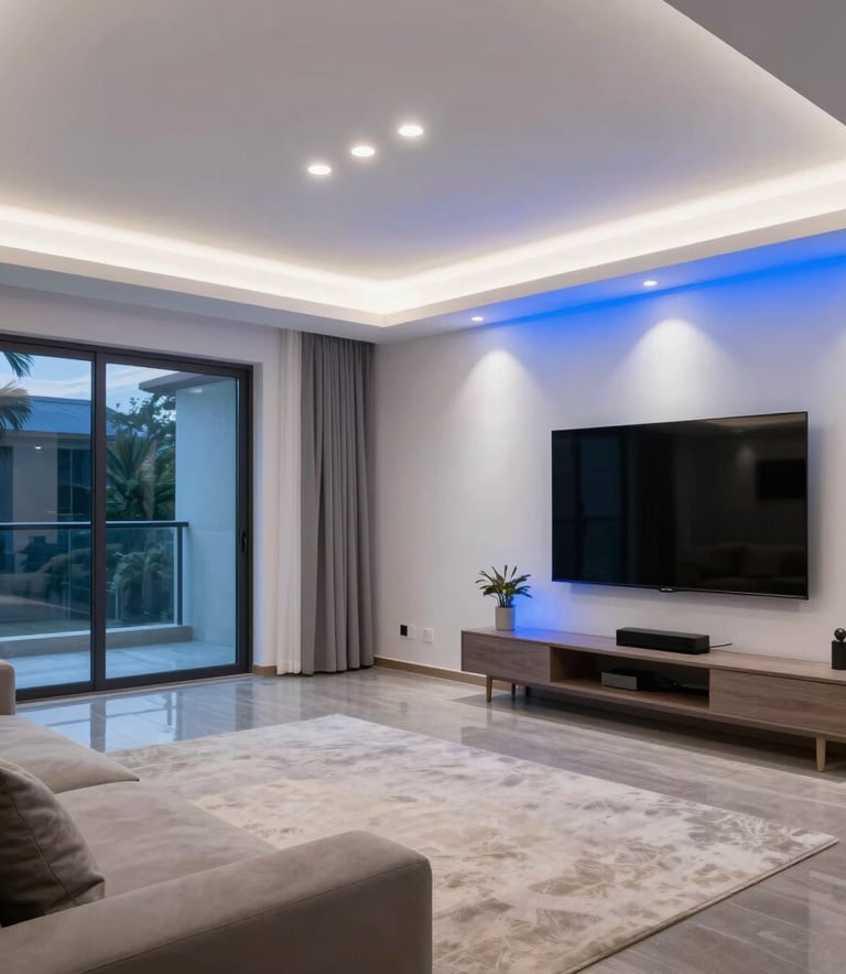 A contemporary residential living room in a North American / US home with sophisticated recessed lighting and modern power systems, bright white and electric blue lighting.