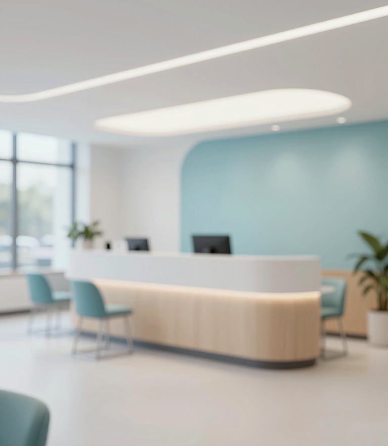Modern and bright ambulatory care reception area, featuring clean architectural lines, minimalist furniture, and a calming atmosphere. Incorporates brand colors through subtle decor elements in #427B9B and #B4D4DF.