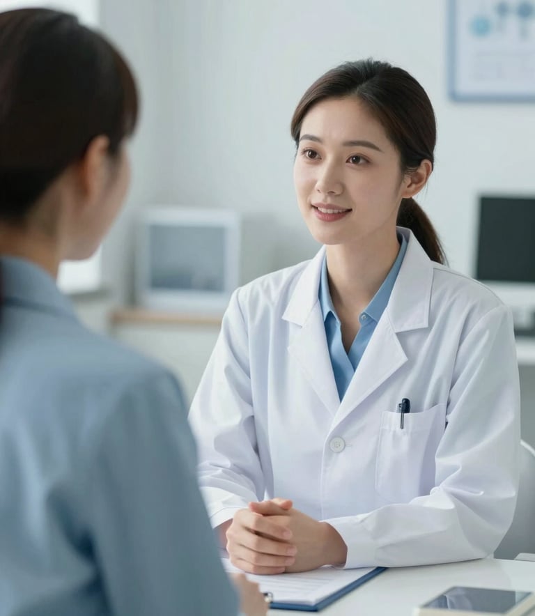 An empathetic female physician in a white lab coat talking kindly with a patient in a bright, modern consultation room. The scene is warm and trustworthy, with a color palette of #F2F6F8, #B4D4DF, and #427B9B.
