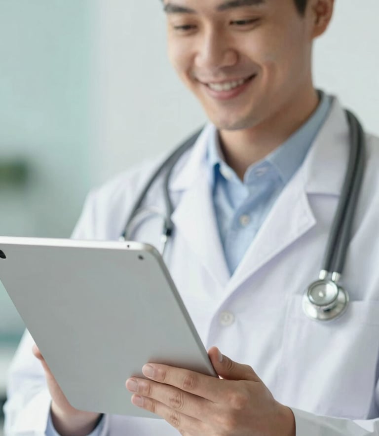 A close-up, high-quality photograph of a friendly healthcare professional holding a digital tablet, reflecting trust and modern expertise. The lighting is soft and natural, with a background featuring subtle hints of #B4D4DF and #F2F6F8 to match the brand identity.